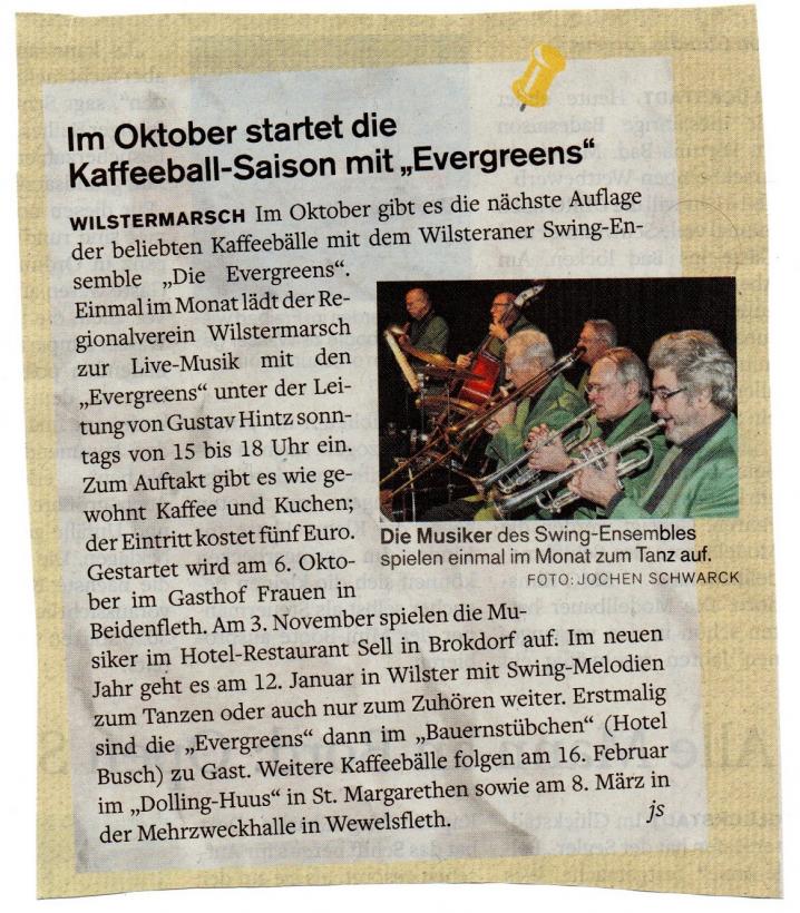 Im Oktober startet die Kaffeeball-Saison mit den Evergreens, sh:z / Wilstersche 