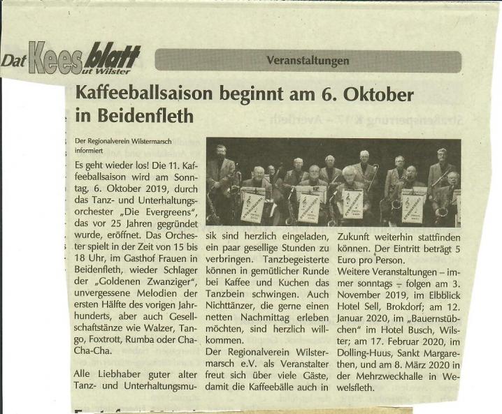 Kaffeeballsaison beginnt am 6. Oktober in Beidenfleth, Keesblatt ut Wilster, 27.